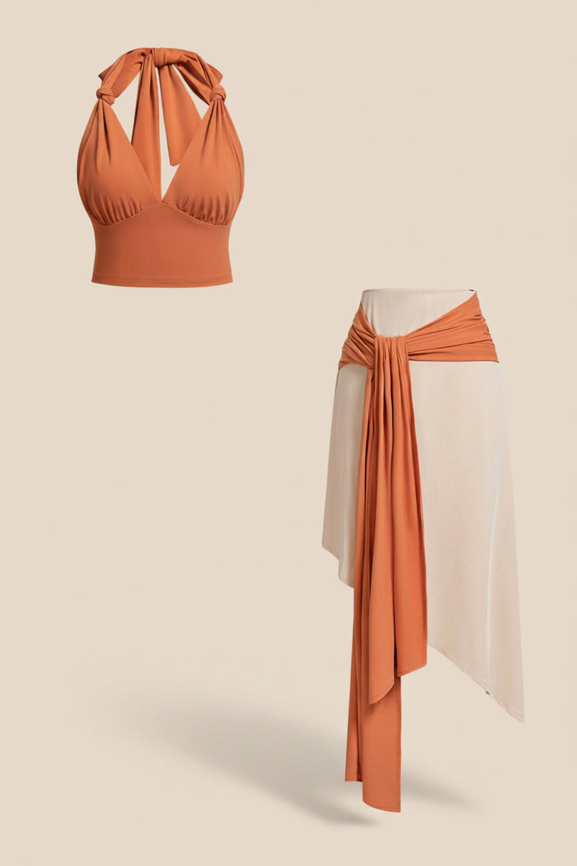Halter V-Neck Knotted Tank Top And Contrast Asymmetrical Hem Skirt Set