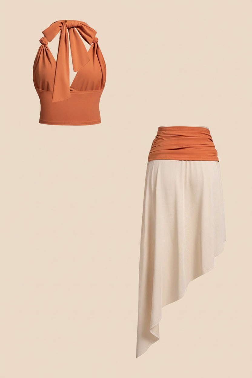 Halter V-Neck Knotted Tank Top And Contrast Asymmetrical Hem Skirt Set