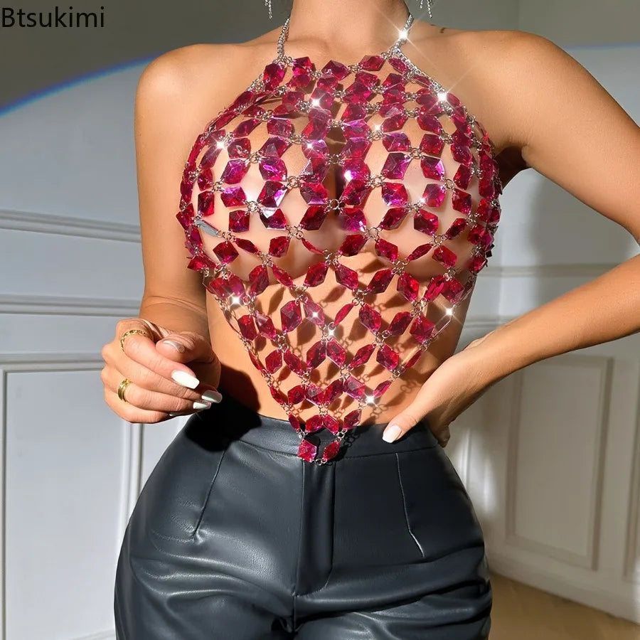 New Alluring Backless Metal Chains Jewelry Unique Backless Gemstones Body Chain Jewelry Tops for Fashionable Party Club Clothing
