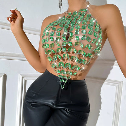 New Alluring Backless Metal Chains Jewelry Unique Backless Gemstones Body Chain Jewelry Tops for Fashionable Party Club Clothing
