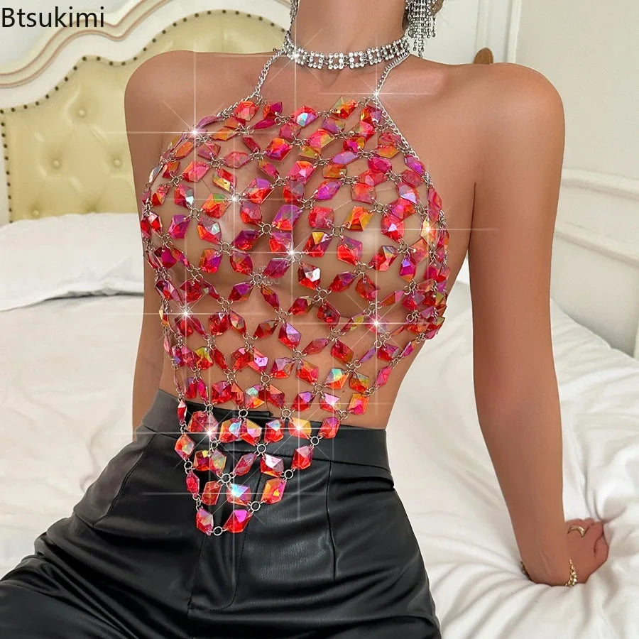 New Alluring Backless Metal Chains Jewelry Unique Backless Gemstones Body Chain Jewelry Tops for Fashionable Party Club Clothing