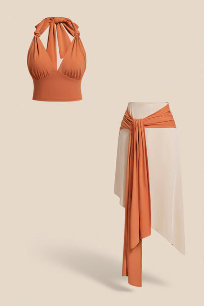 Halter V-Neck Knotted Tank Top And Contrast Asymmetrical Hem Skirt Set