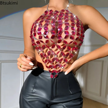 New Alluring Backless Metal Chains Jewelry Unique Backless Gemstones Body Chain Jewelry Tops for Fashionable Party Club Clothing